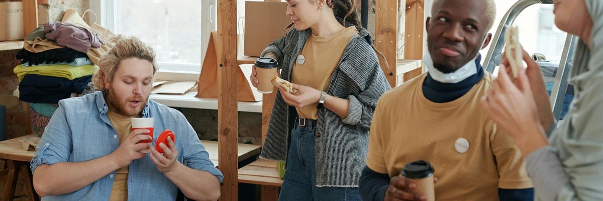 Group of diverse people smiling during a break